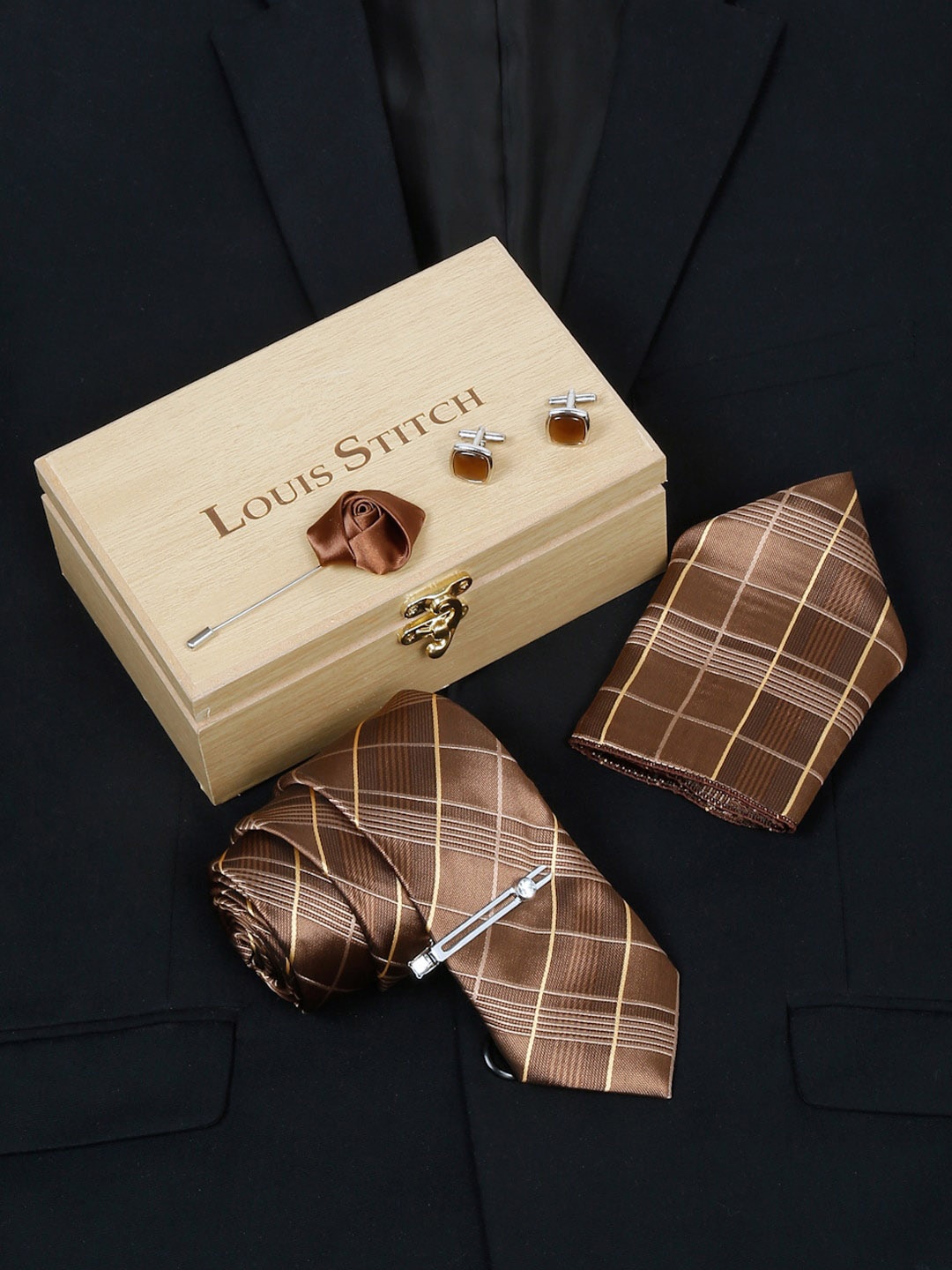 

LOUIS STITCH Checked Silk Accessory Gift Set, Brown