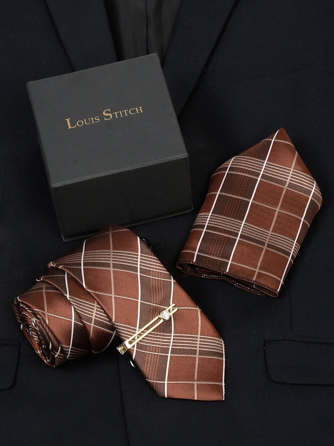 

LOUIS STITCH Men Checked Silk Accessory Gift Set, Brown