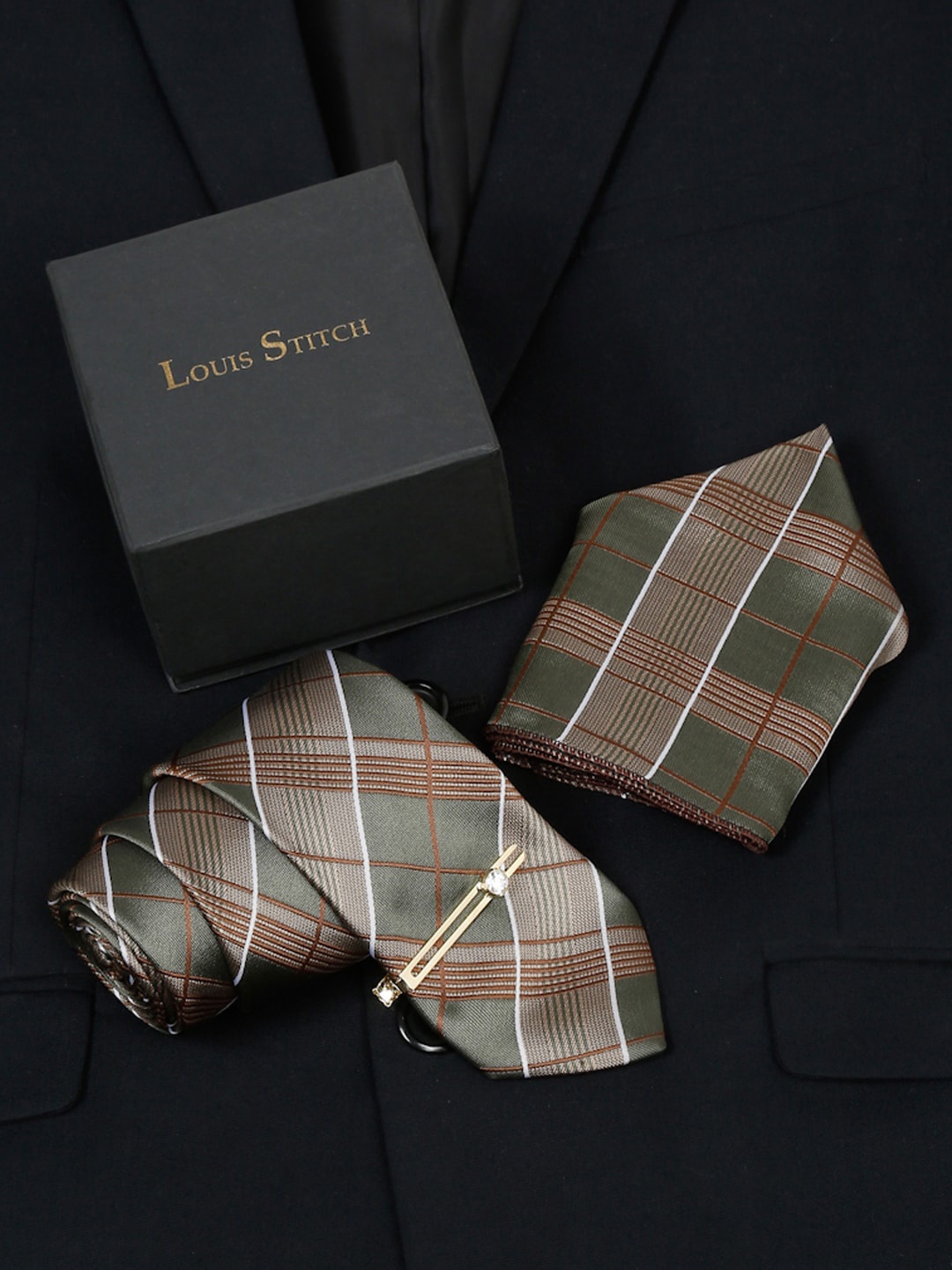 

LOUIS STITCH Men Checked Silk Accessory Gift Set, Green
