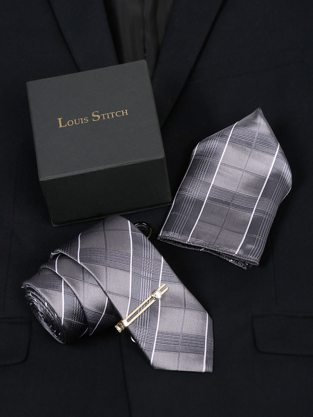 

LOUIS STITCH Checked Silk Accessory Gift Set, Grey