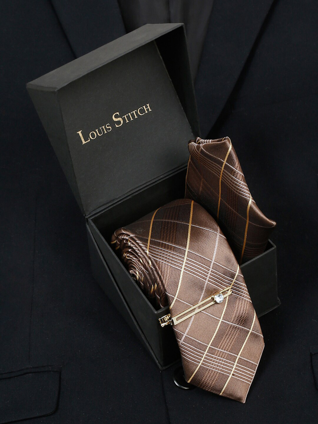 

LOUIS STITCH Men Checked Silk Accessory Gift Set, Brown