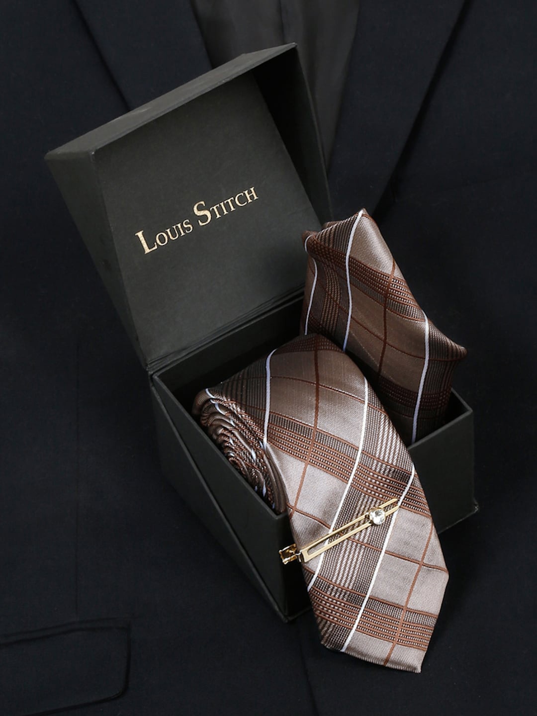 

LOUIS STITCH Checked Silk Accessory Gift Set, Brown