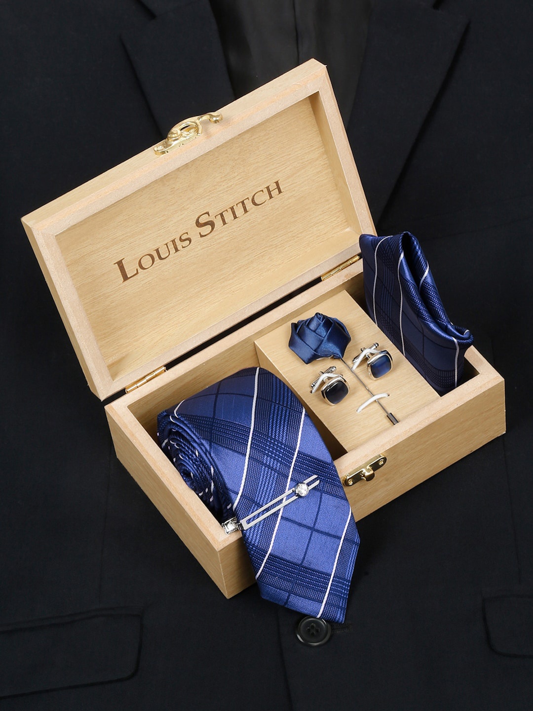 

LOUIS STITCH Men Checked Silk Accessory Gift Set, Blue