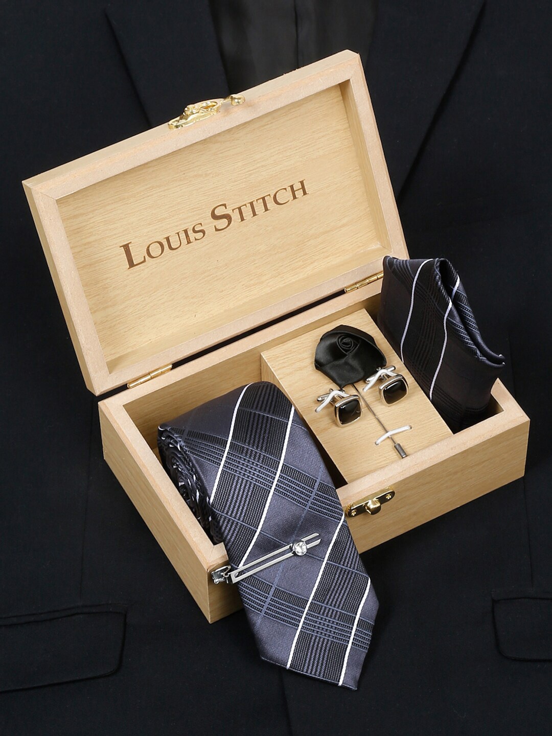 

LOUIS STITCH Men Checked Silk Accessory Gift Set, Grey
