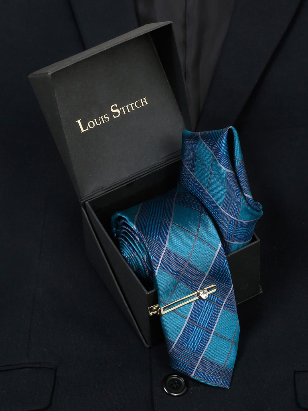 

LOUIS STITCH Checked Silk Accessory Gift Set, Blue