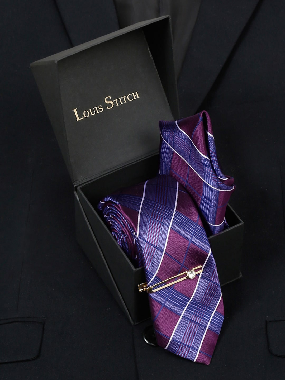

LOUIS STITCH Men Checked Silk Accessory Gift Set, Blue