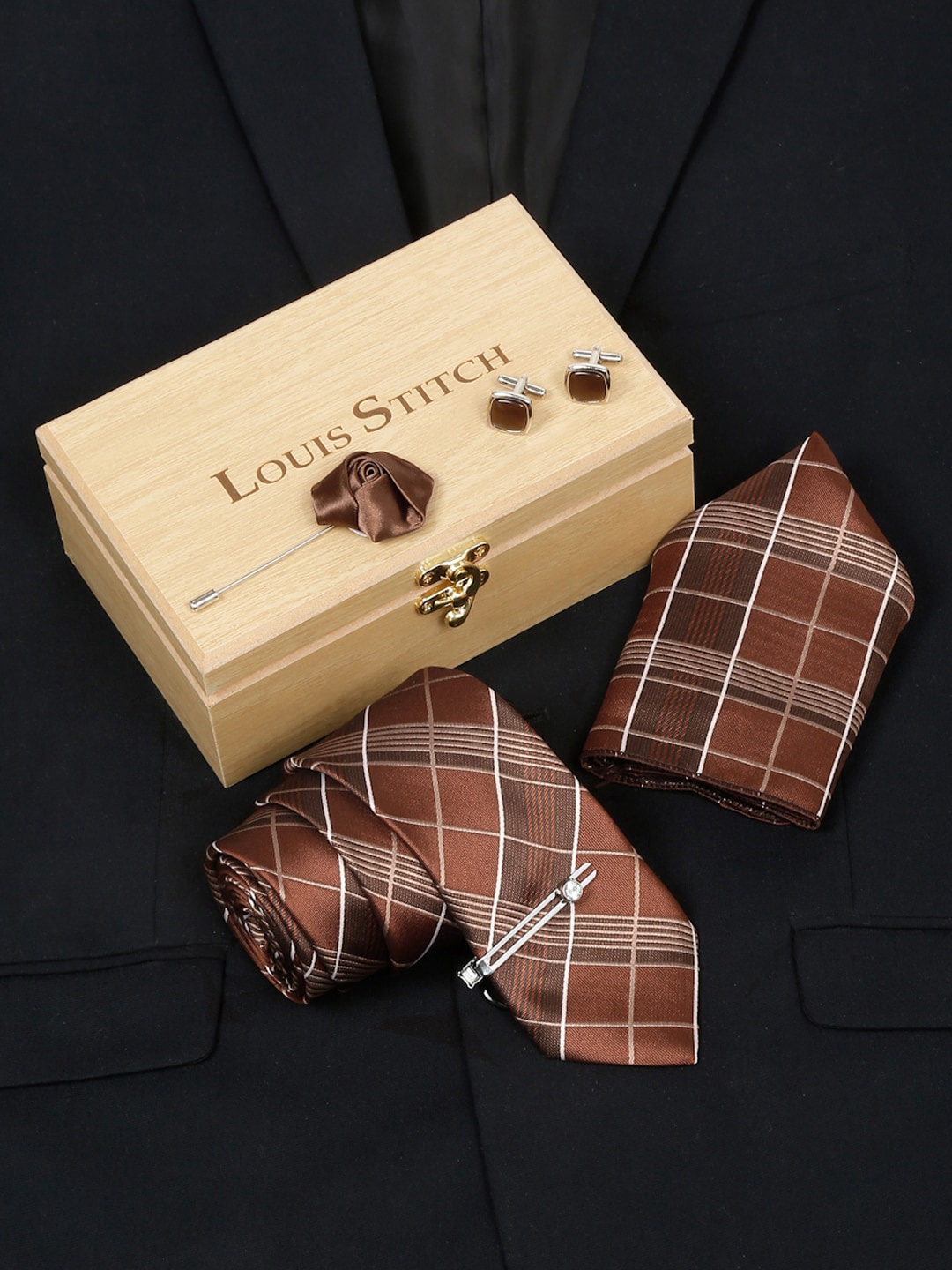 

LOUIS STITCH Checked Silk Accessory Gift Set, Brown