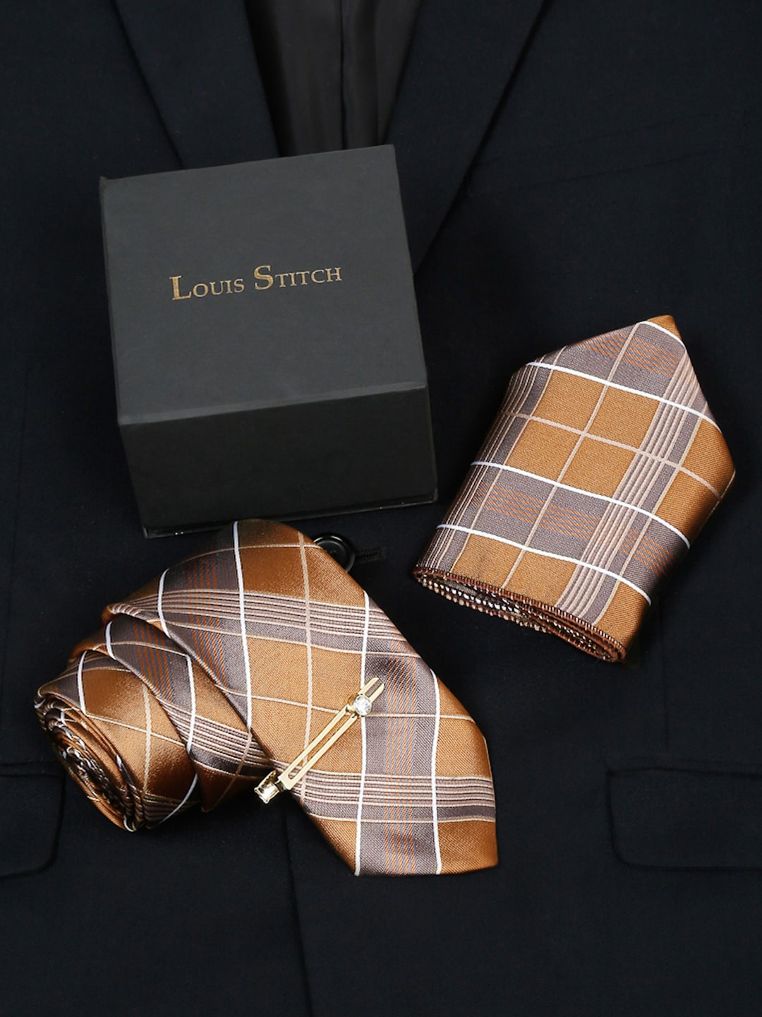 

LOUIS STITCH Men Checked Silk Accessory Gift Set, Brown