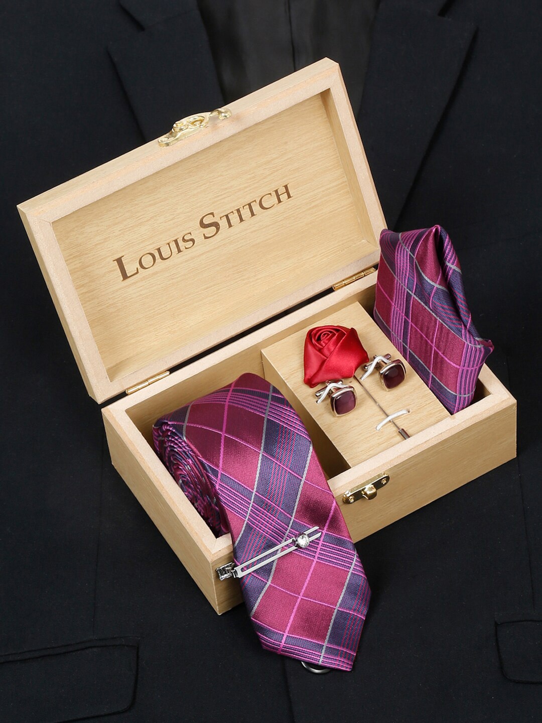 

LOUIS STITCH Men Checked Silk Accessory Gift Set, Pink