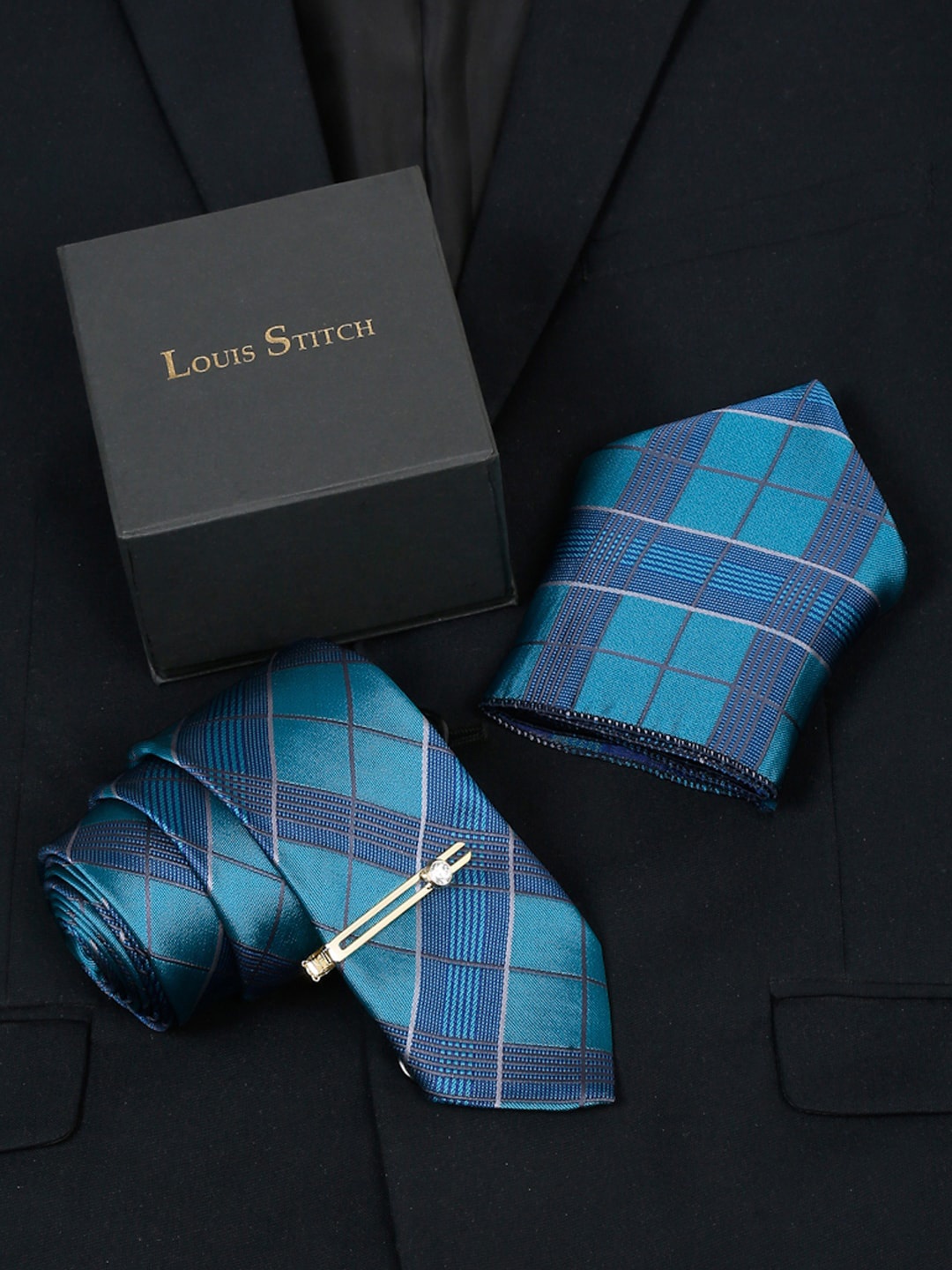 

LOUIS STITCH Men Checked Silk Accessory Gift Set, Blue