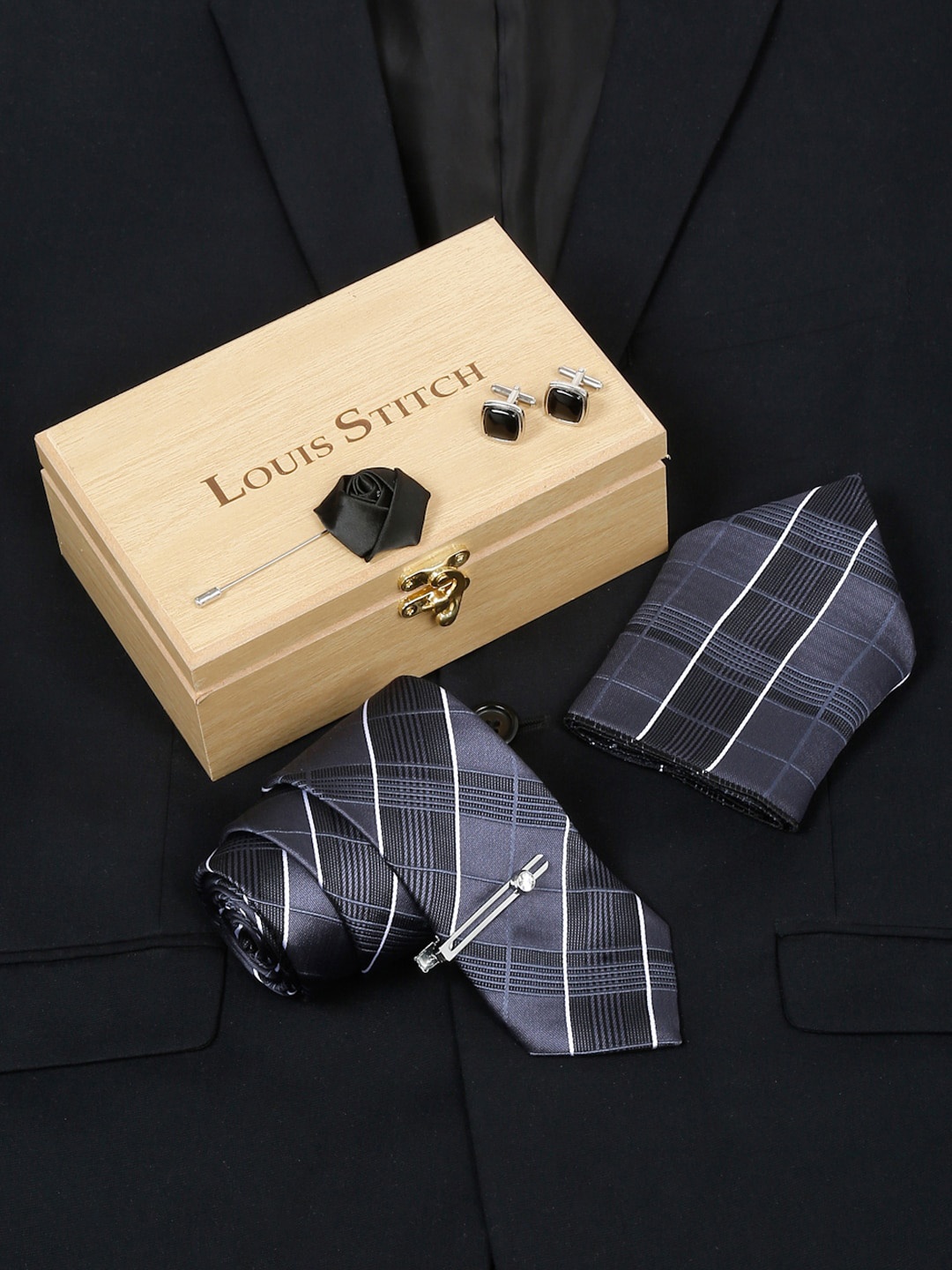 

LOUIS STITCH Men Checked Silk Accessory Gift Set, Grey