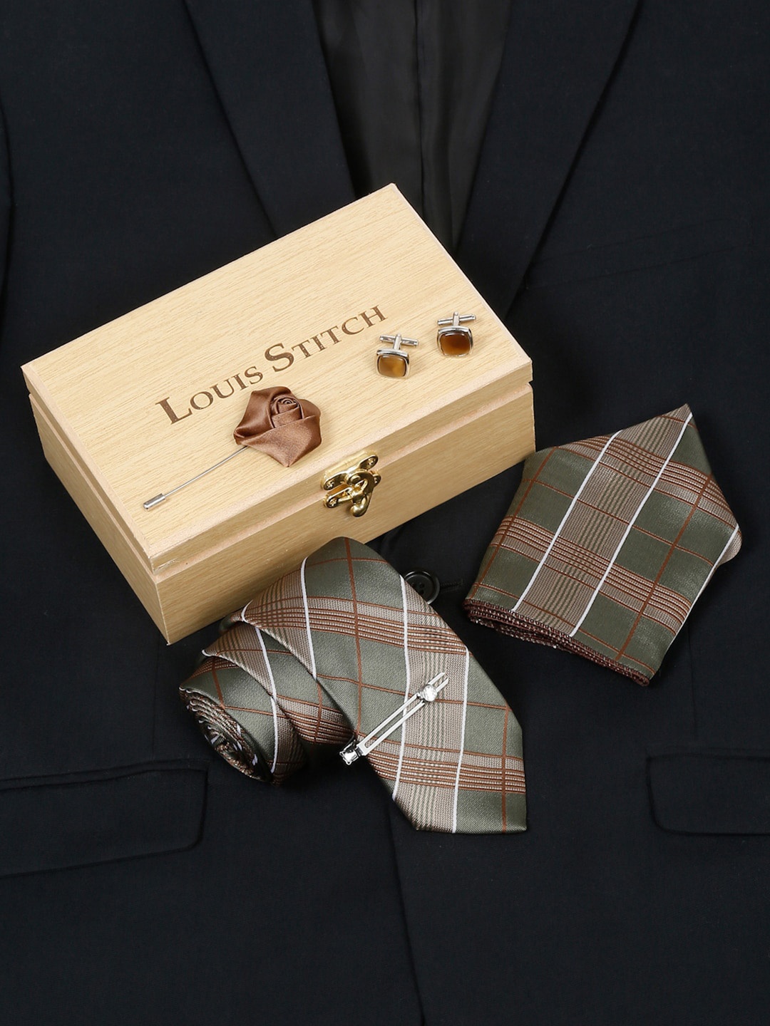 

LOUIS STITCH Checked Silk Accessory Gift Set, Green