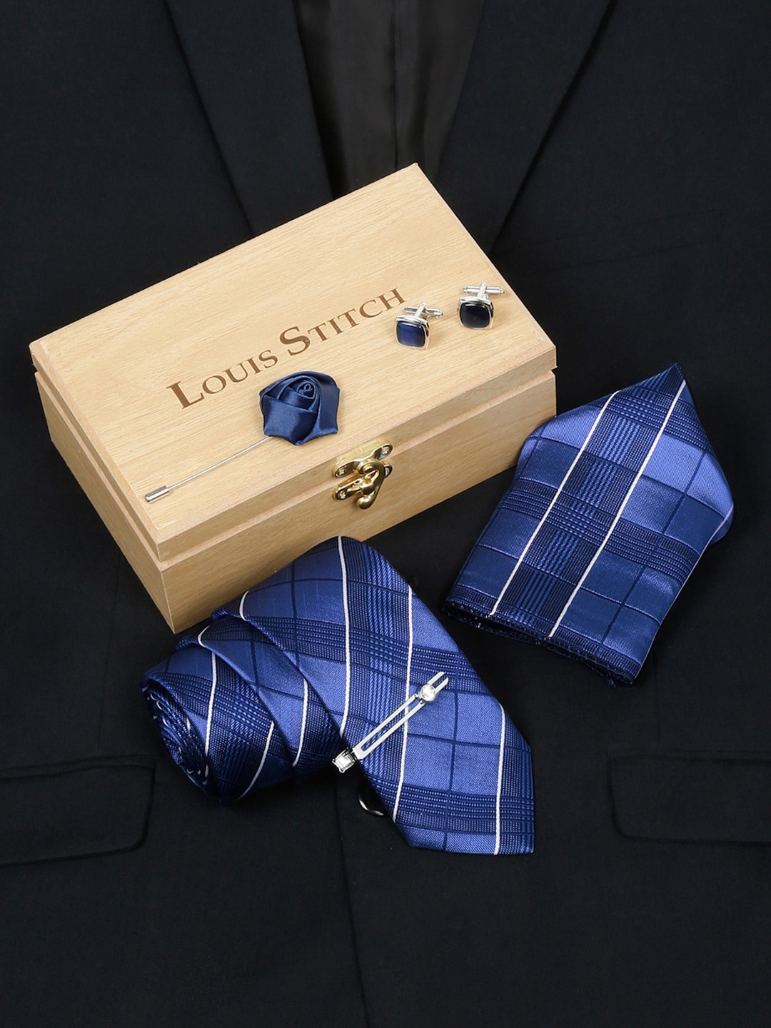 

LOUIS STITCH Men Checked Silk Accessory Gift Set, Blue