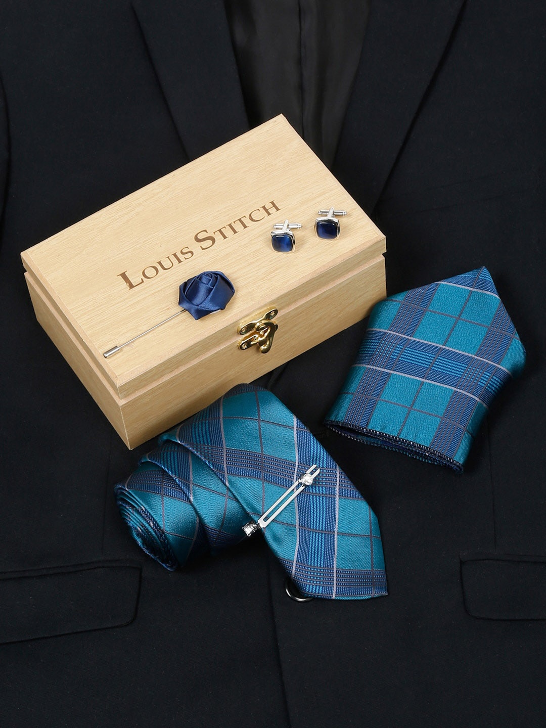 

LOUIS STITCH Checked Silk Accessory Gift Set, Blue