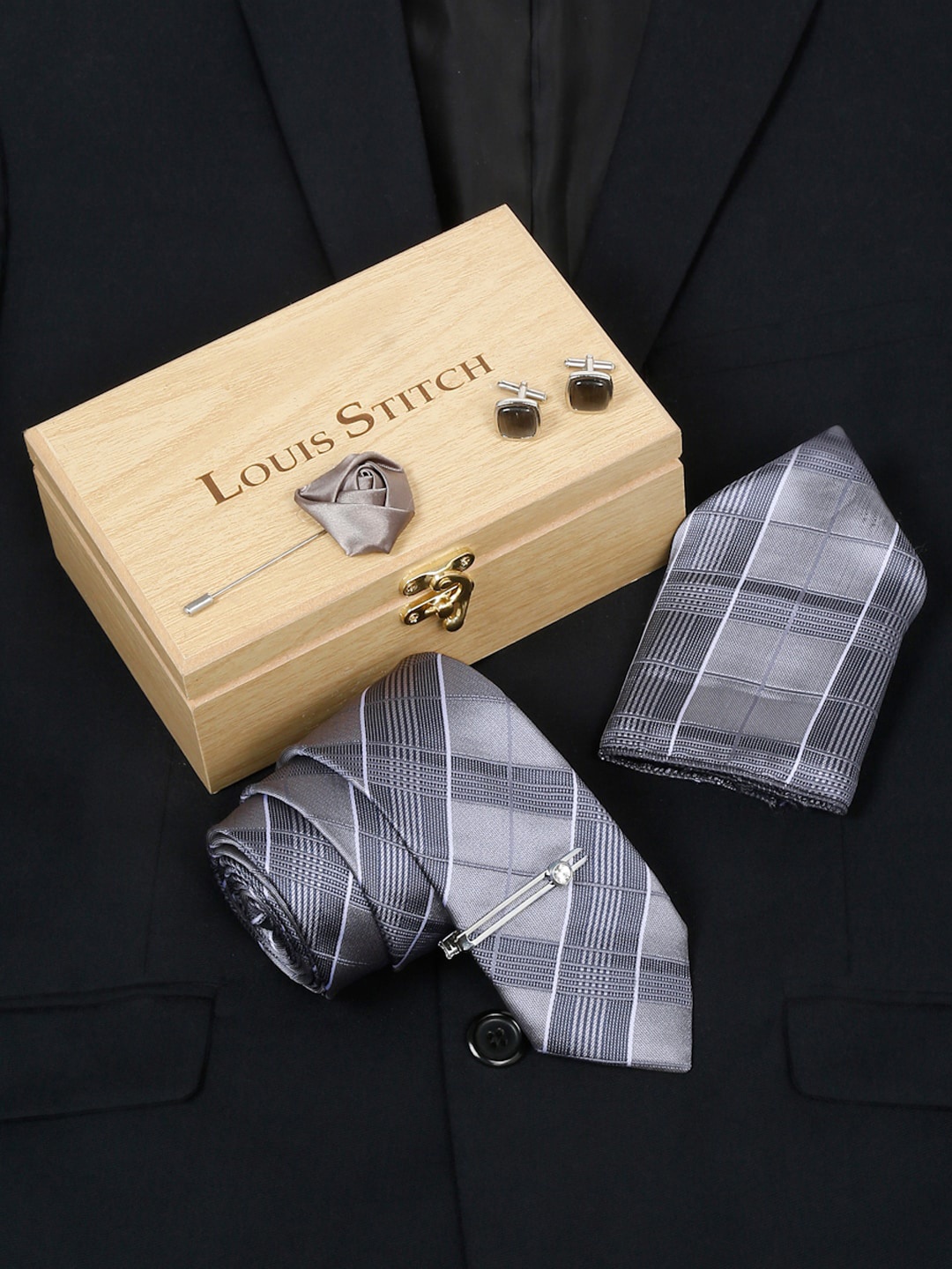 

LOUIS STITCH Men Checked Silk Accessory Gift Set, Grey