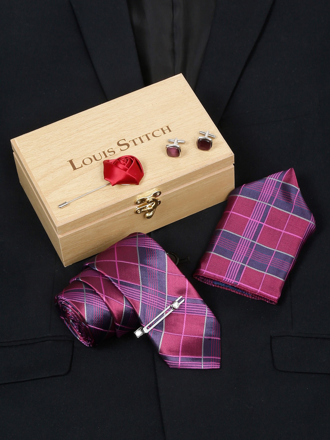 

LOUIS STITCH Men Checked Silk Accessory Gift Set, Pink