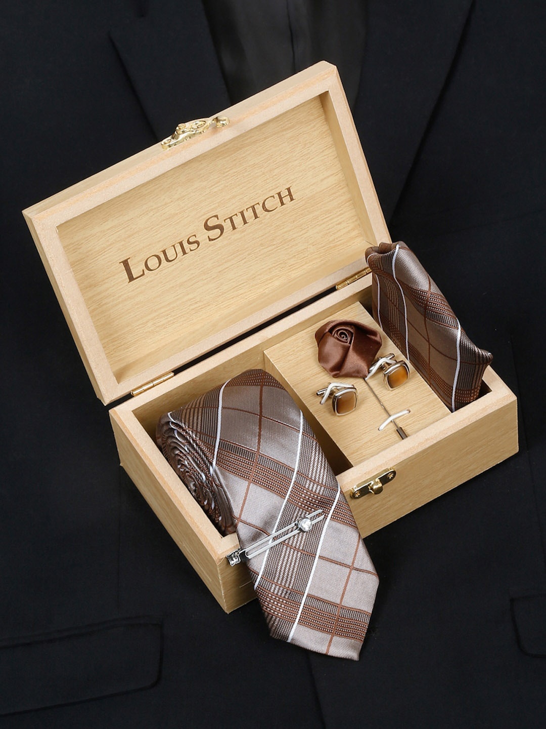 

LOUIS STITCH Men Checked Silk Accessory Gift Set, Brown