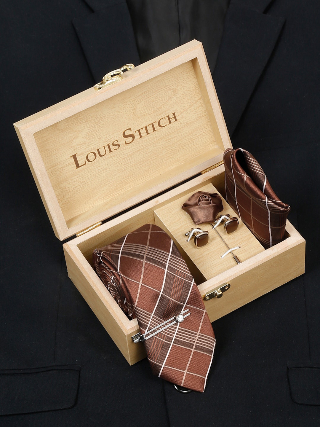 

LOUIS STITCH Men Checked Silk Accessory Gift Set, Brown