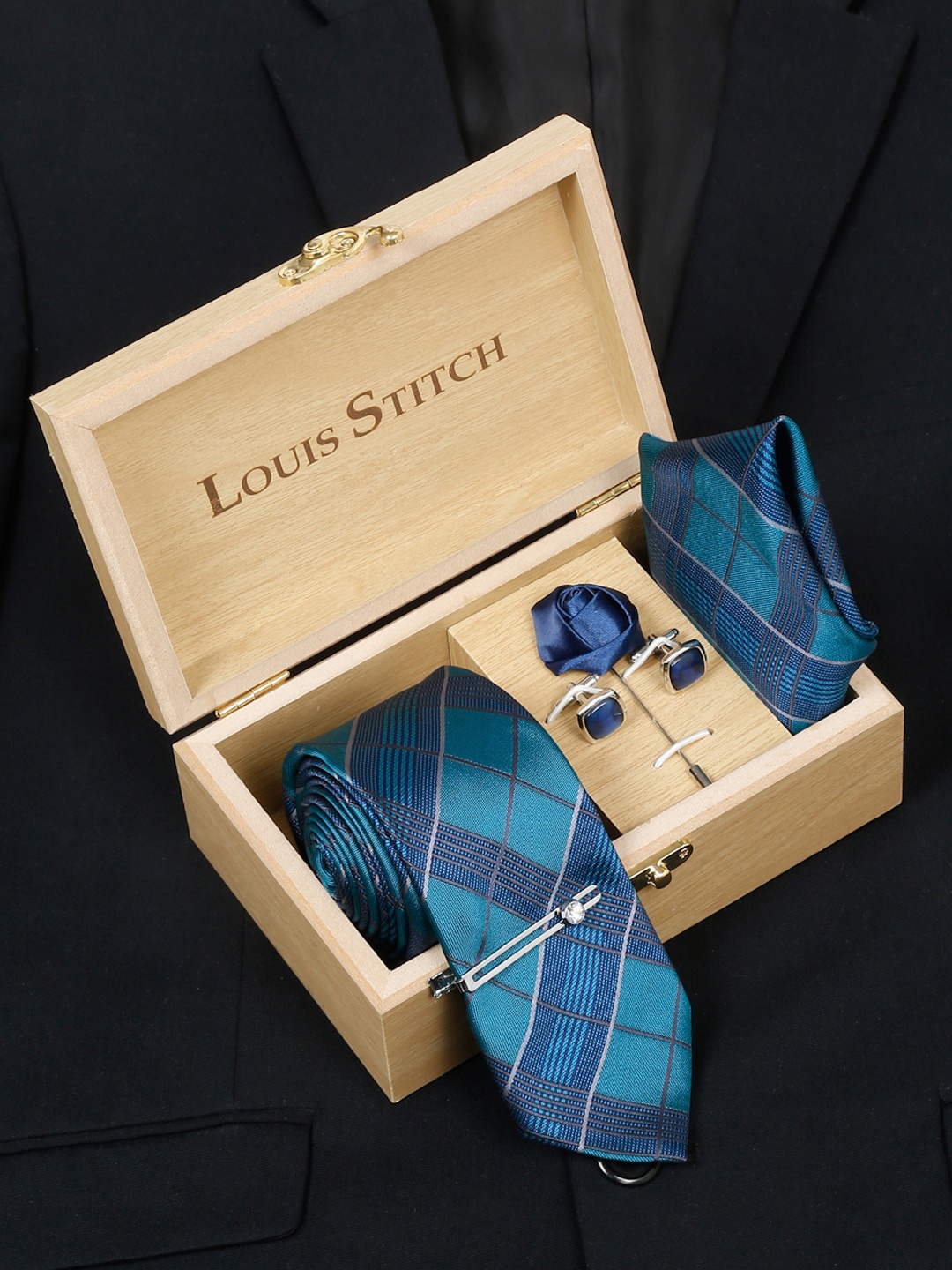 

LOUIS STITCH Men Checked Silk Necktie Accessory Gift Set, Blue
