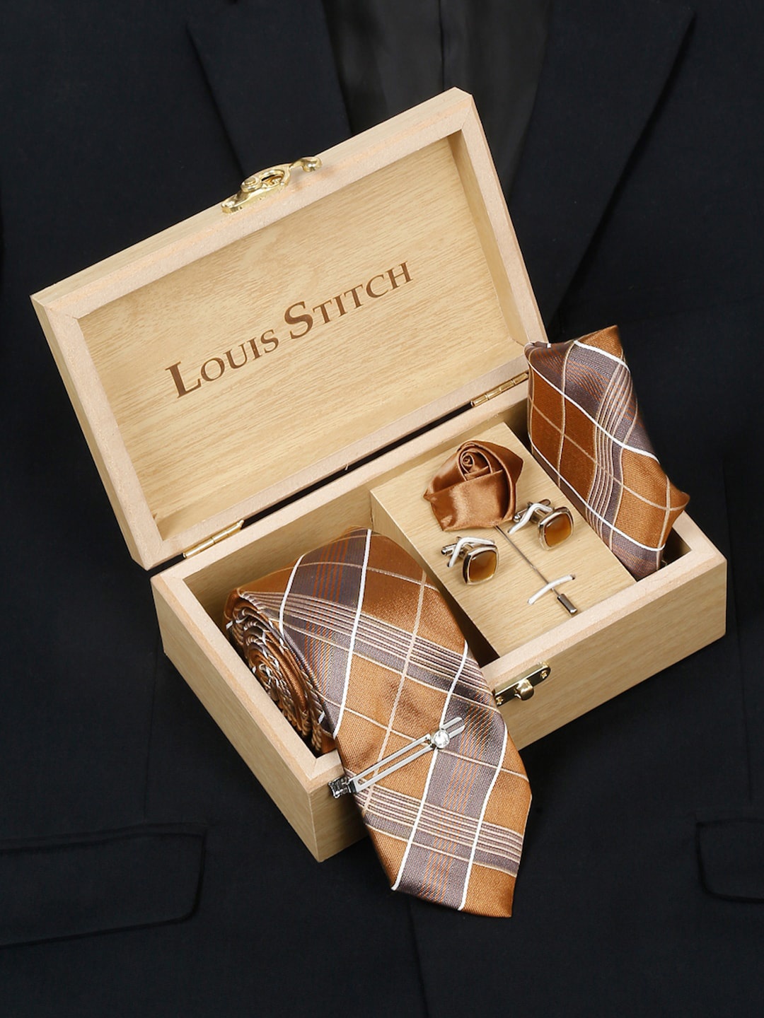 

LOUIS STITCH Men Checked Silk Accessory Gift Set, Tan