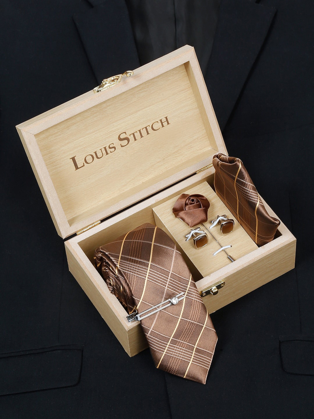 

LOUIS STITCH Checked Silk Accessory Gift Set, Brown