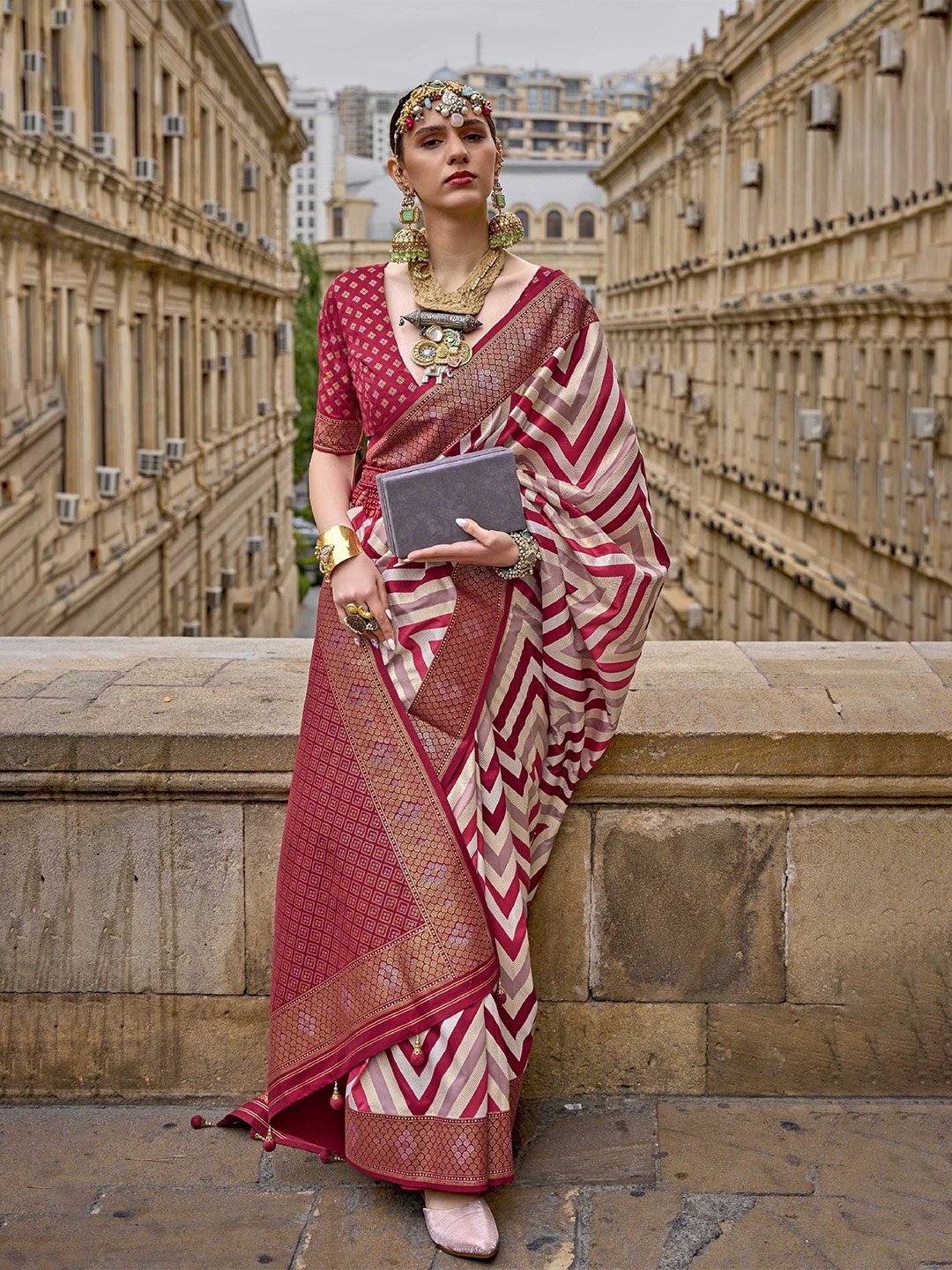 

Mitera Red & White Geometric Woven Design Zari Patola Saree