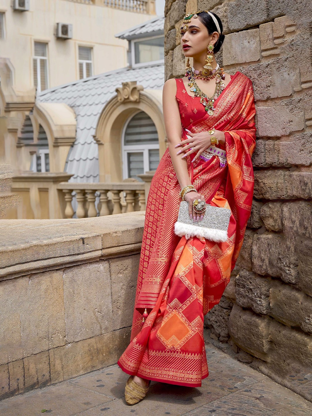 

Mitera Red & Gold-Toned Ethnic Motifs Woven Design Zari Patola Saree