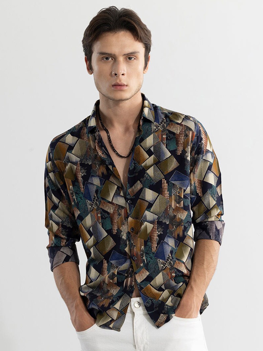 

Snitch Brown Geometric Printed Classic Slim Fit Casual Shirt