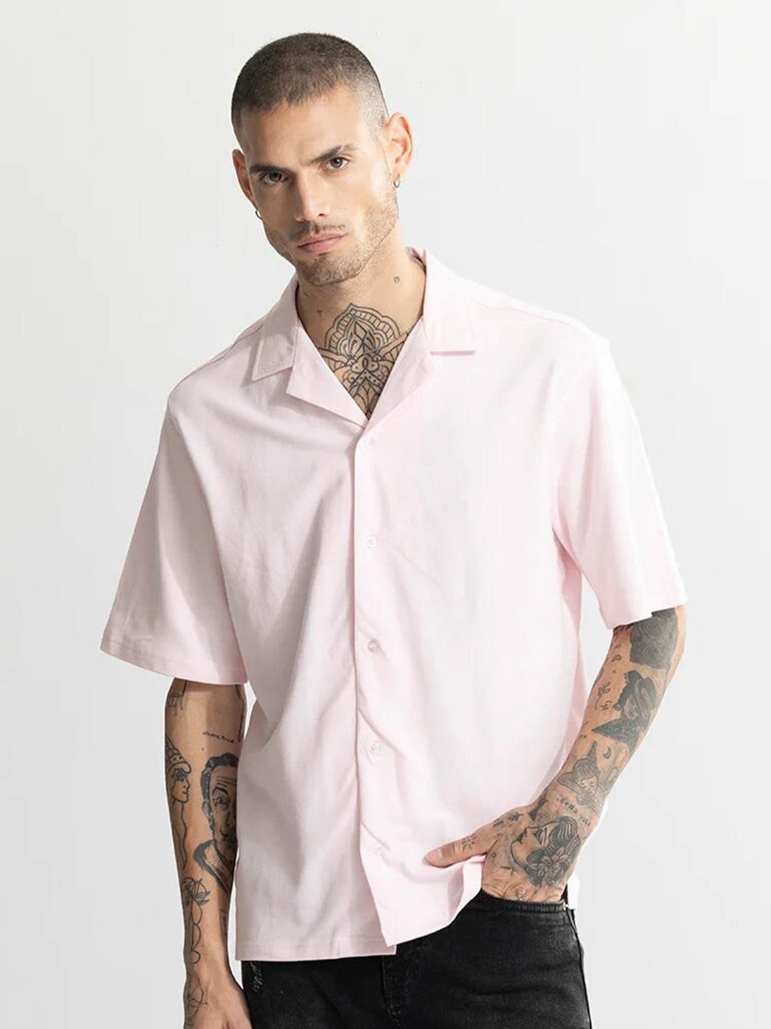 

Snitch Classic Oversized Lapel Collar Short Sleeves Casual Shirt, Pink