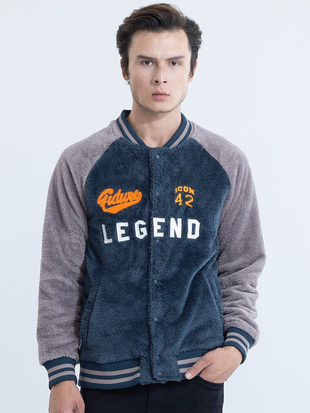 

Snitch Blue Typography Printed Long Sleeves Fur Varsity Jacket