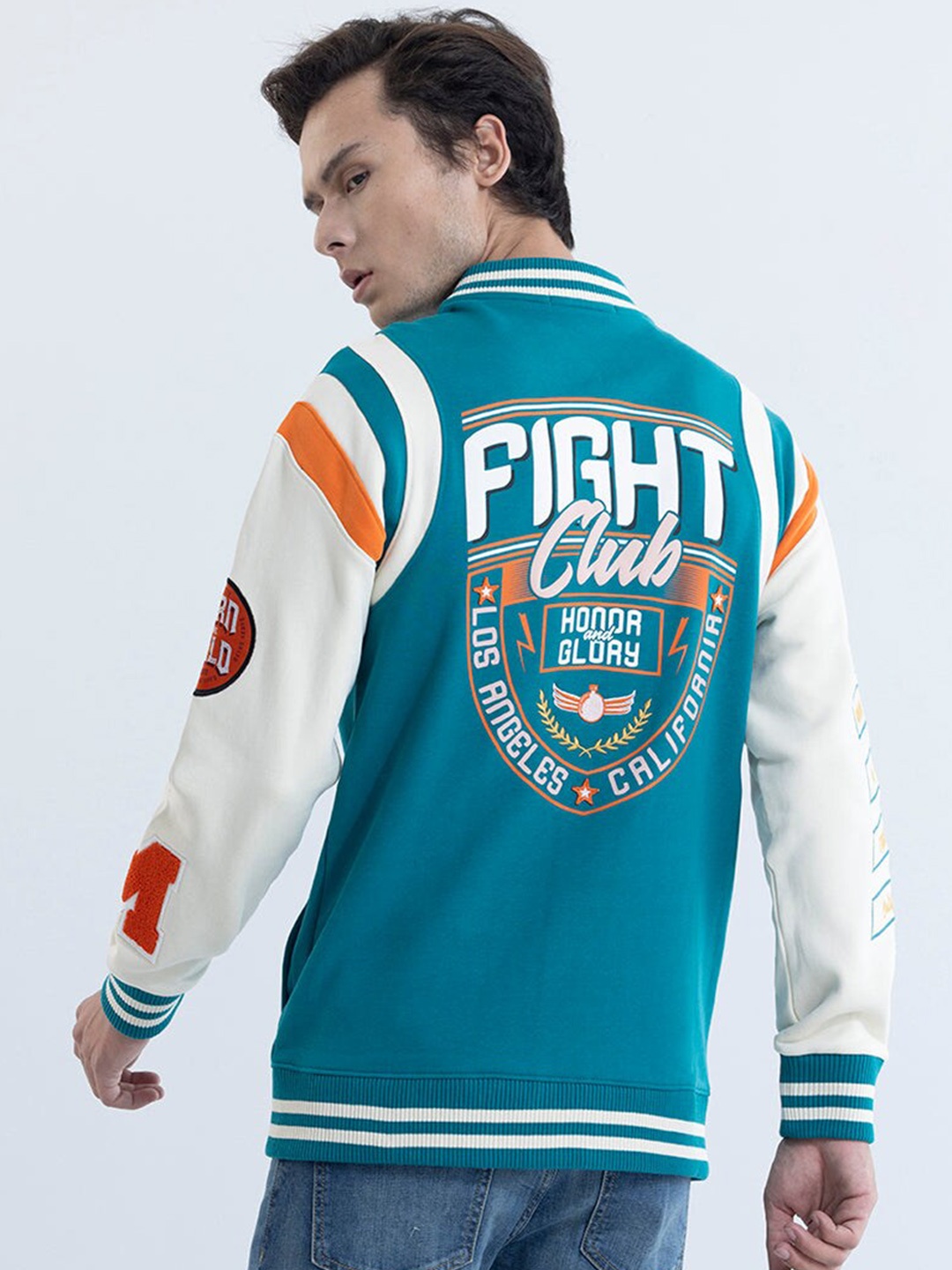 

Snitch Blue Geometric Printed Long Sleeves Pure Cotton Varsity Jacket