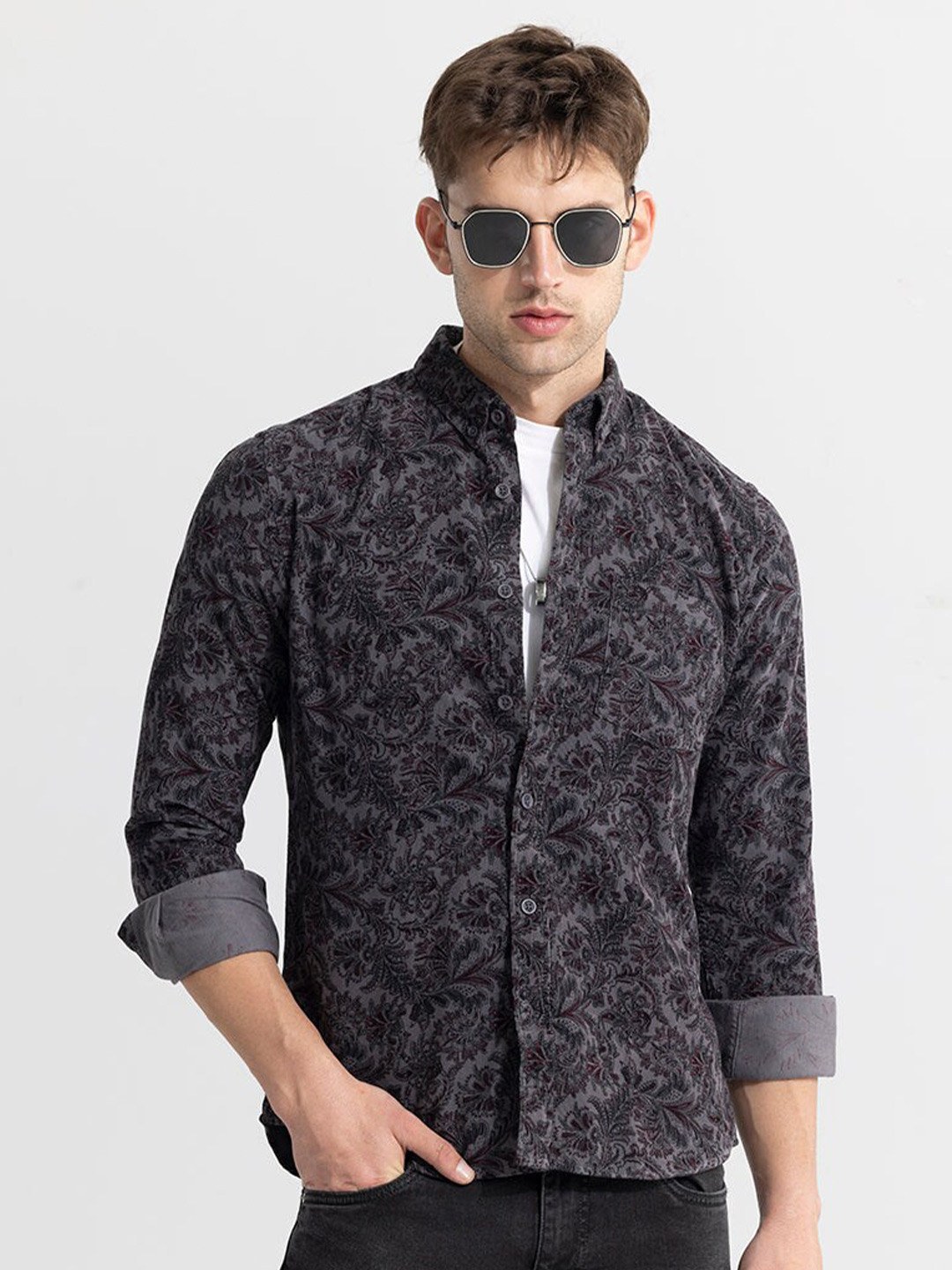 

Snitch Classic Floral Printed Spread Collar Pure Cotton Corduroy Casual Shirt, Grey