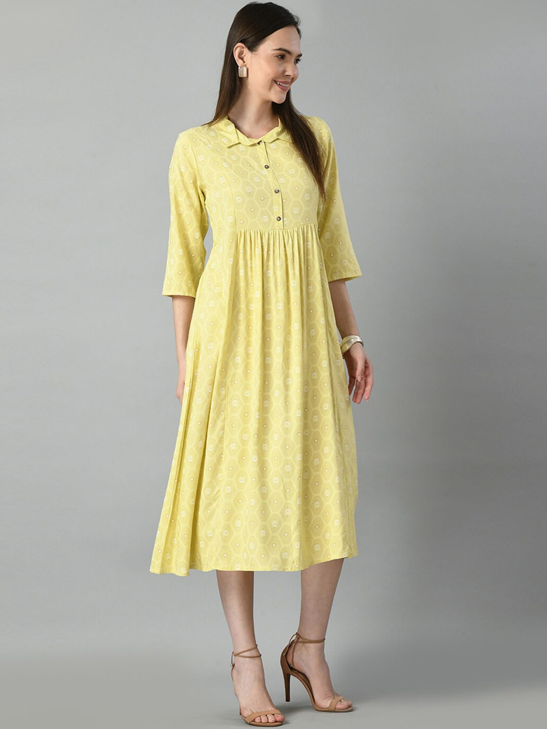 

TAKI TAKI Ethnic Motifs Printed Shirt Collar A-line Midi Ethnic Dress, Yellow