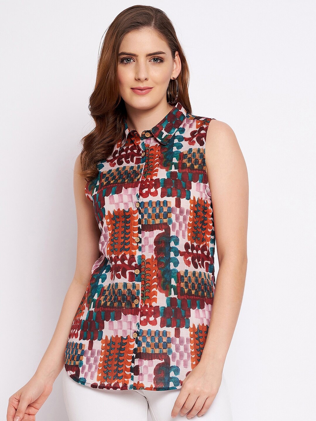 

BAESD Abstract Printed Sleeveless Cotton Shirt, Maroon
