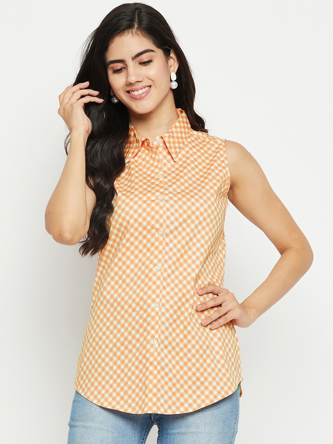 

BAESD Checked Shirt Collar Sleeveless Cotton Shirt Style Top, Orange