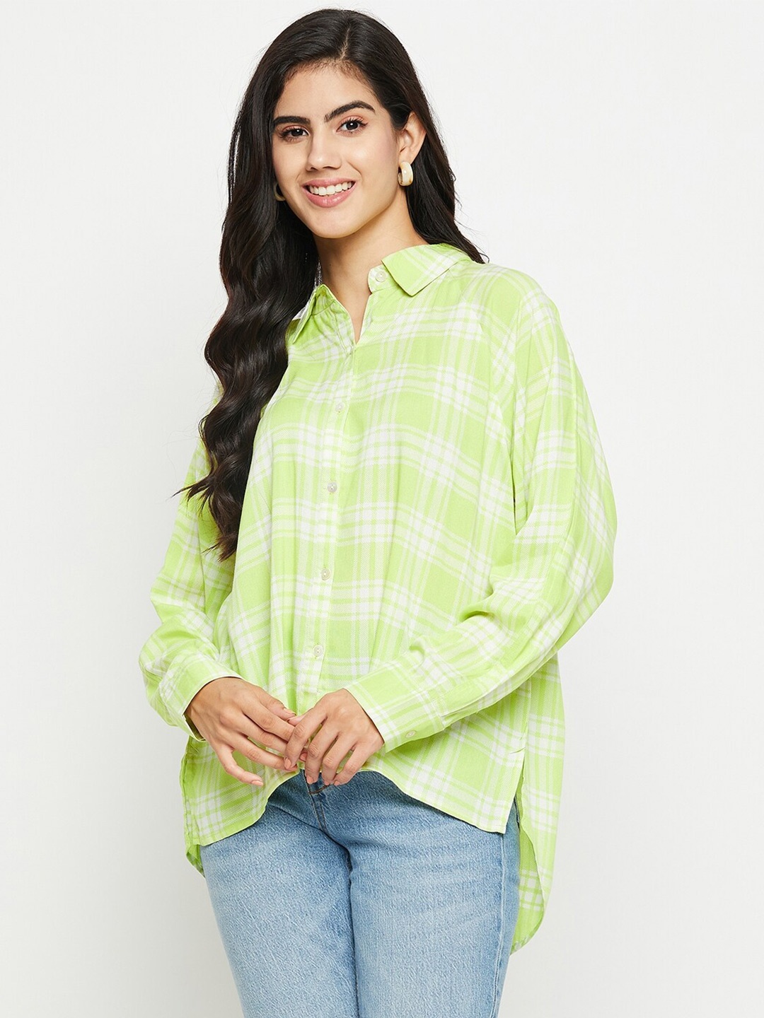 

BAESD Classic Fit Tartan Checked High-Low Oversized Casual Shirt, Green
