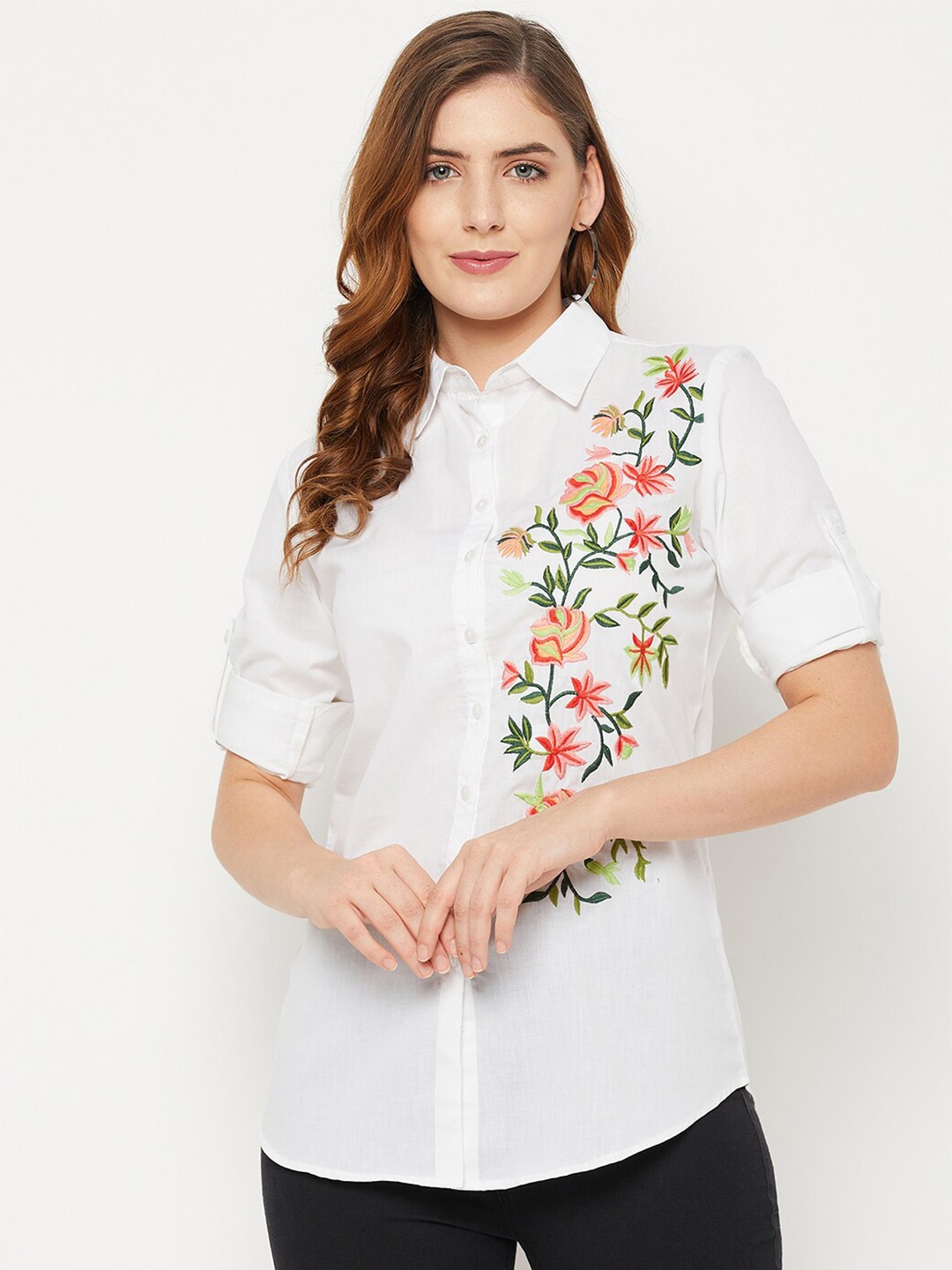 

BAESD Classic Floral Embroidered Roll-Up Sleeves Casual Shirt, White