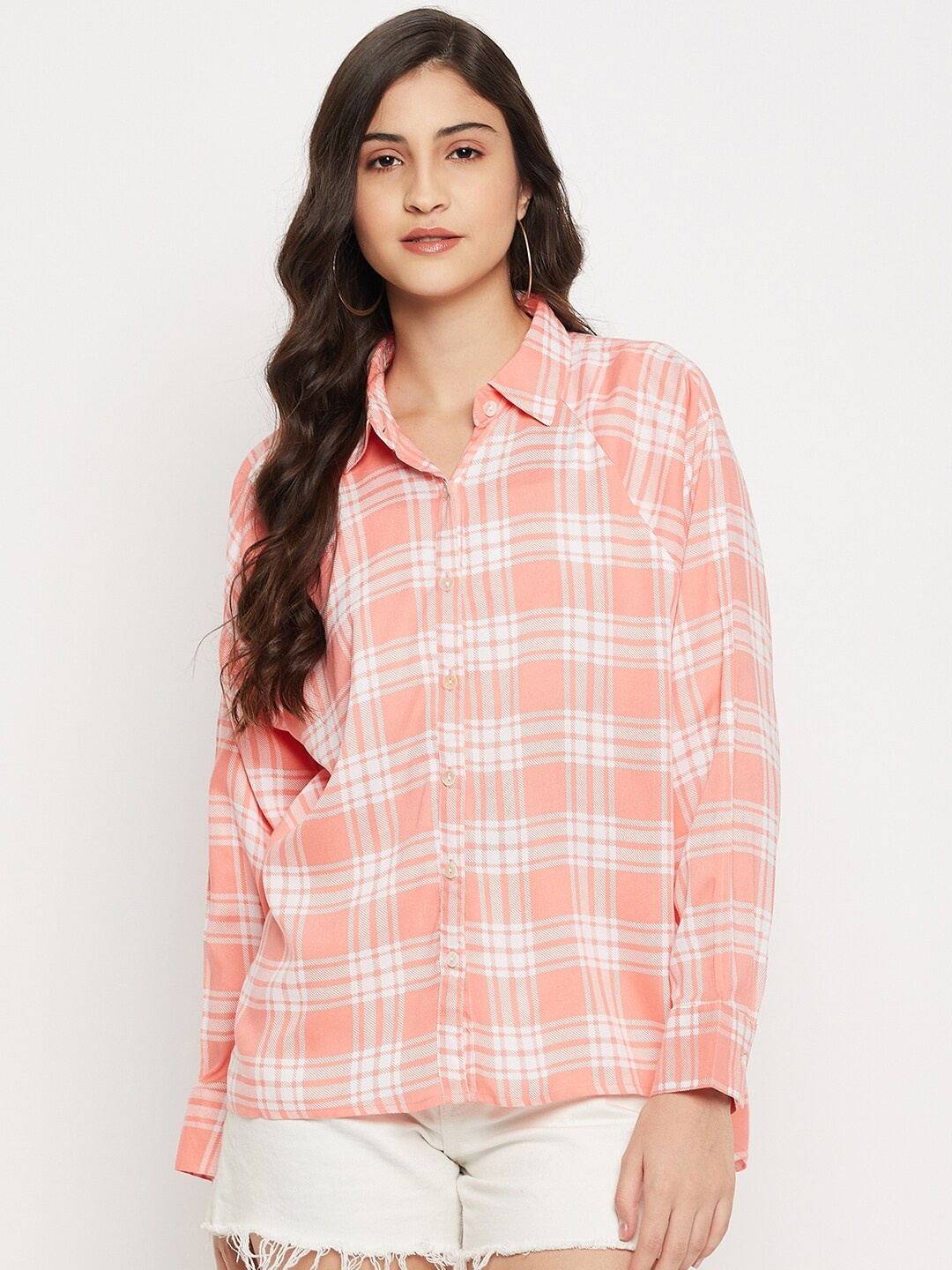 

BAESD Classic Tartan Checks Oversized Casual Shirt, Peach