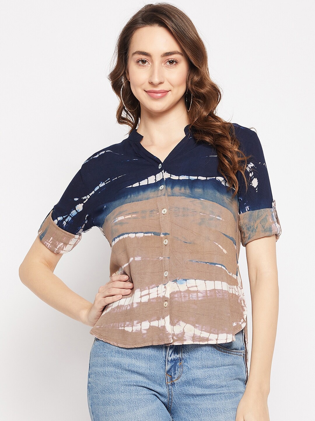 

BAESD Classic Abstract Printed Mandarin Collar Casual Shirt, Beige