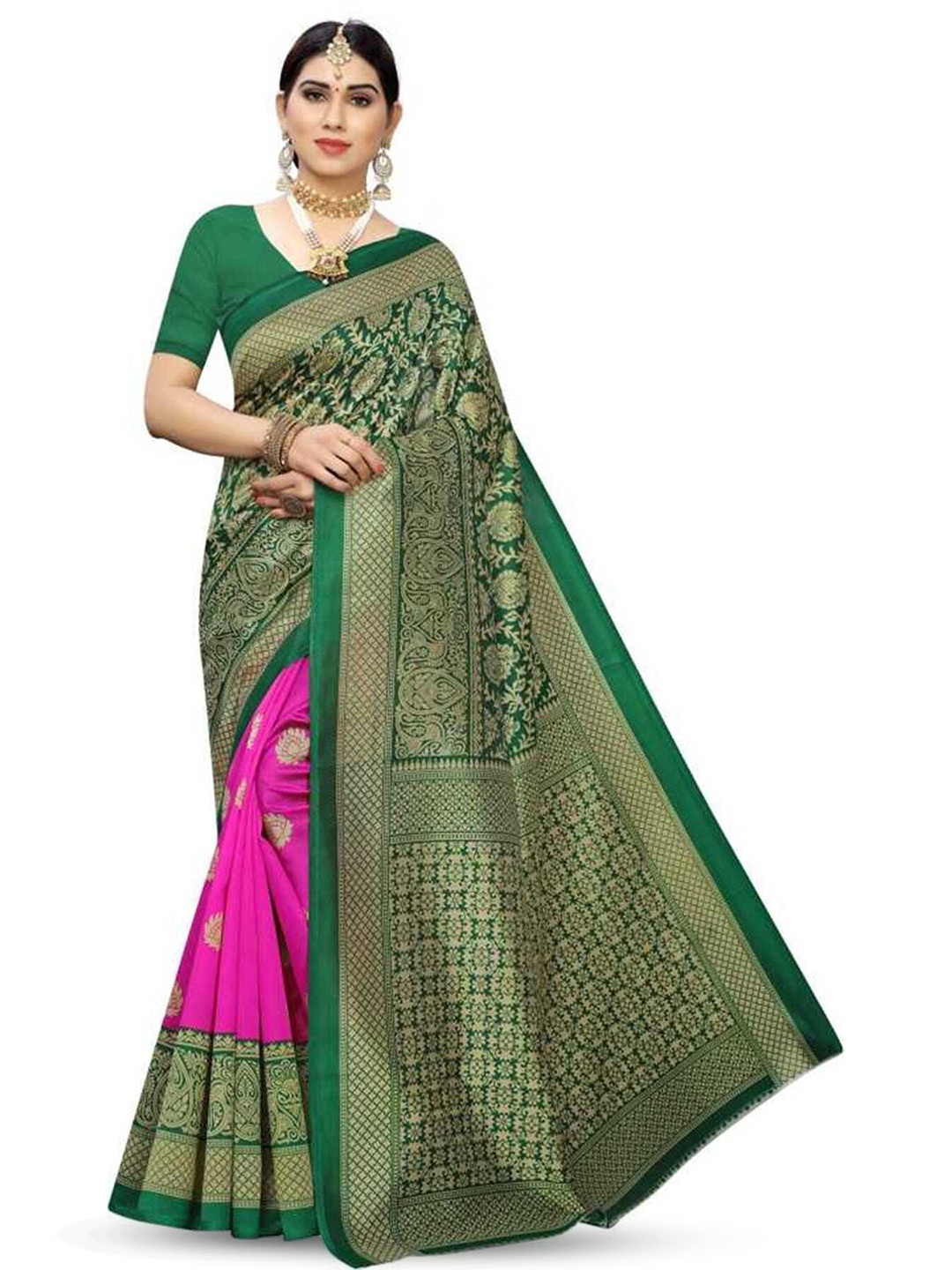

Mitera Pink & Green Ethnic Motifs Printed Art Silk Banarasi Saree