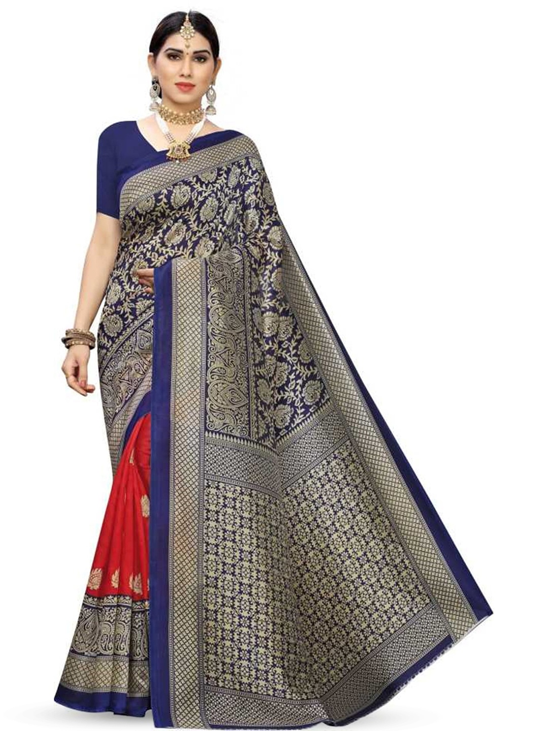 

Mitera Red & Blue Ethnic Motifs Printed Saree