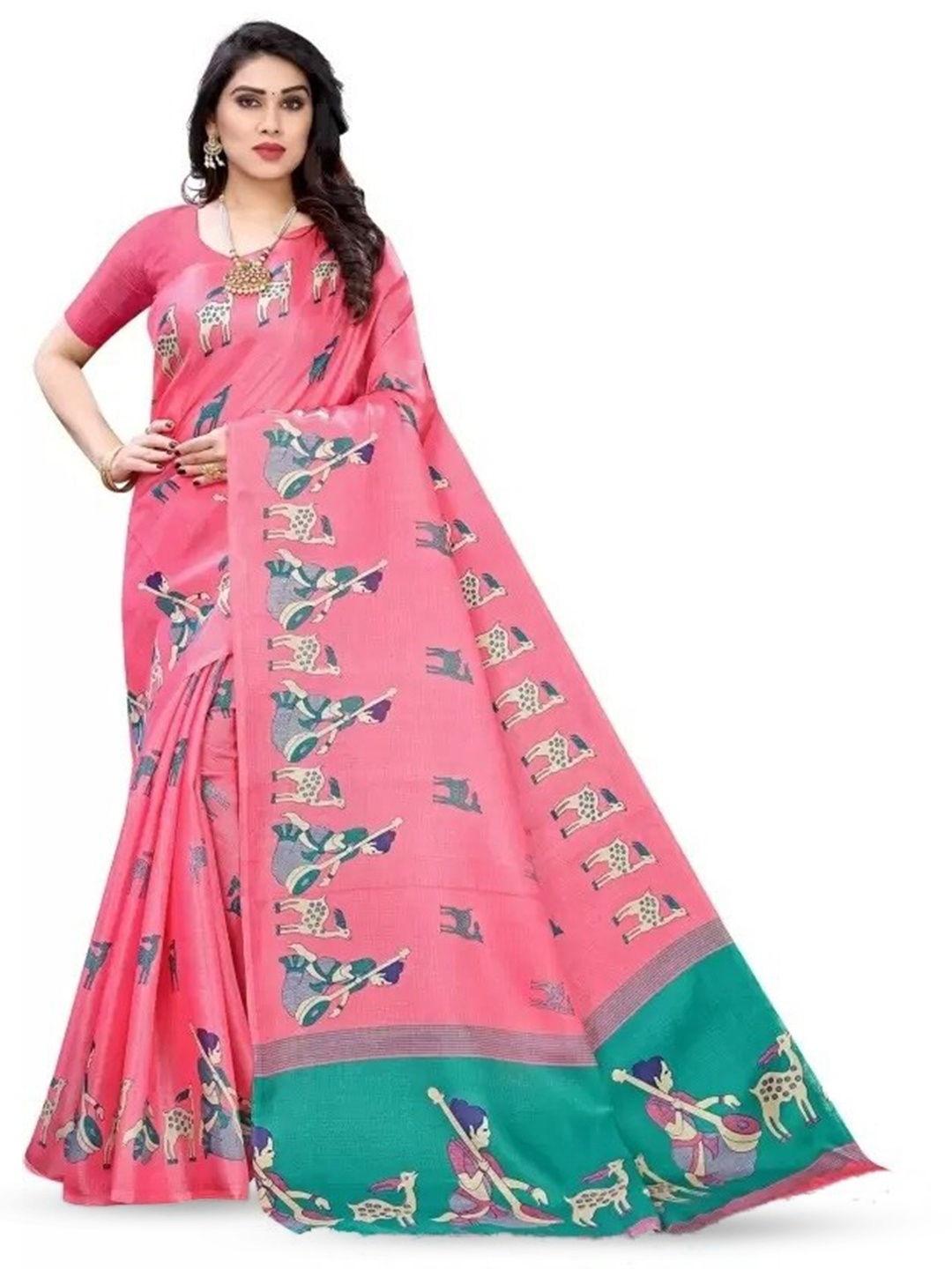 

Mitera Pink & Green Ethnic Motifs Printed Banarasi Saree