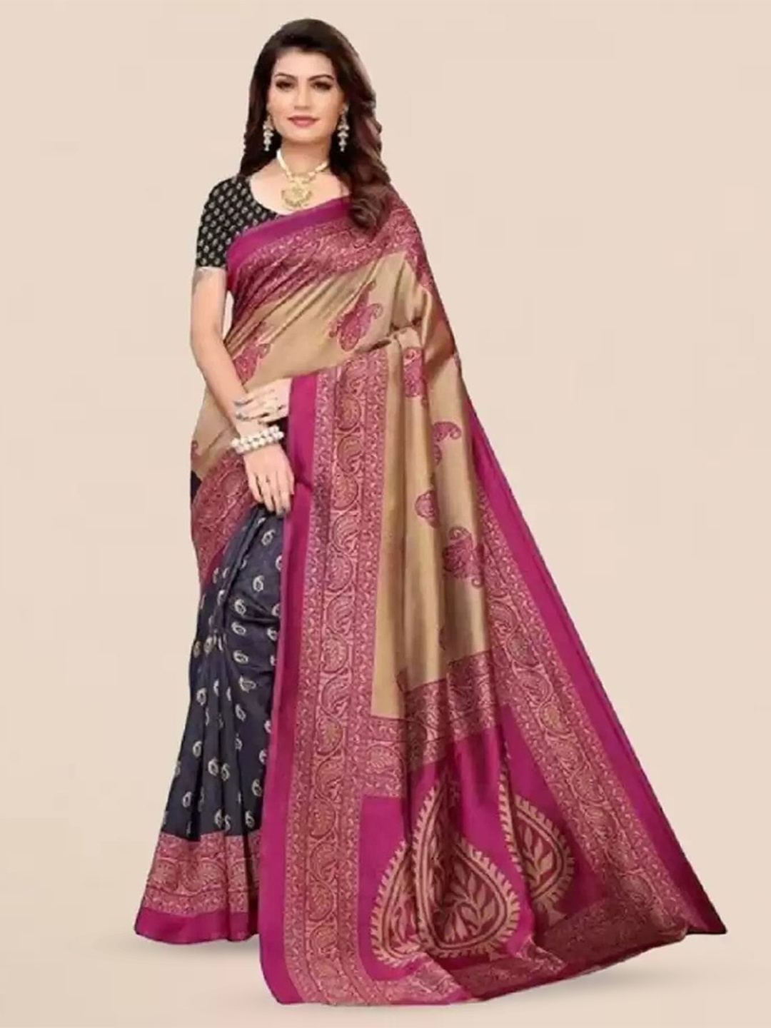 

Mitera Navy Blue & Purple Paisley Printed Saree