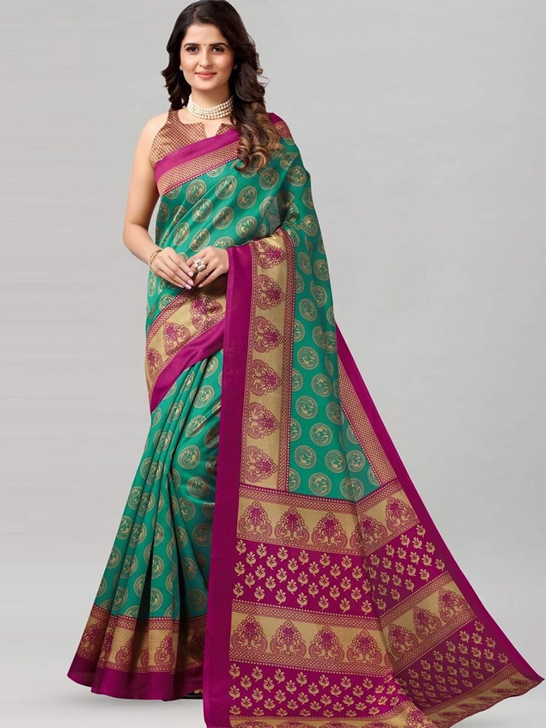 

Mitera Green & Purple Ethnic Motifs Printed Banarasi Saree