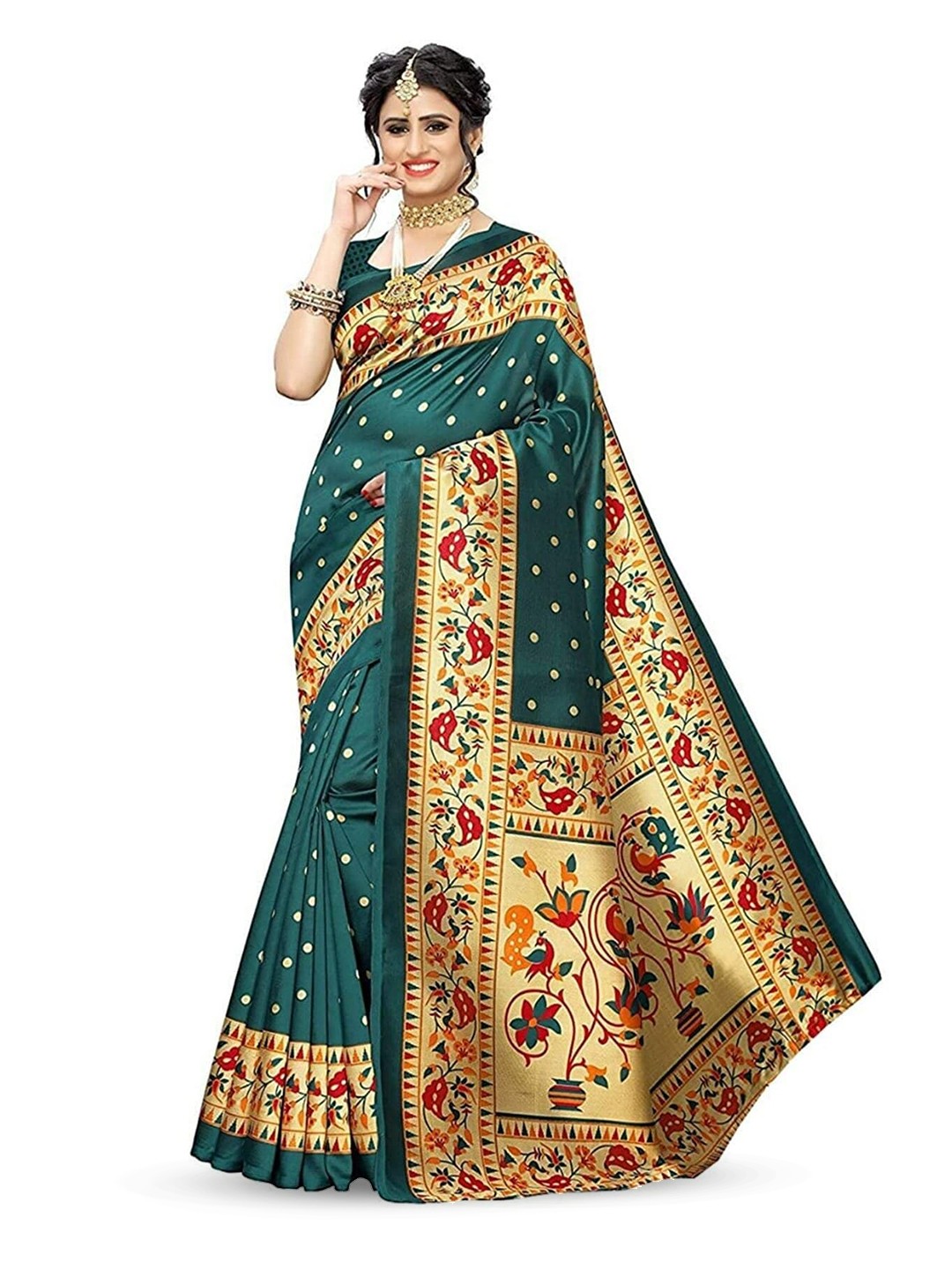 

Mitera Green & Gold-Toned Floral Art Silk Banarasi Saree