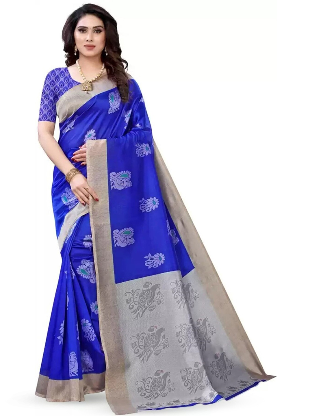 

Mitera Blue & Grey Ethnic Motifs Printed Zari Art Silk Banarasi Saree