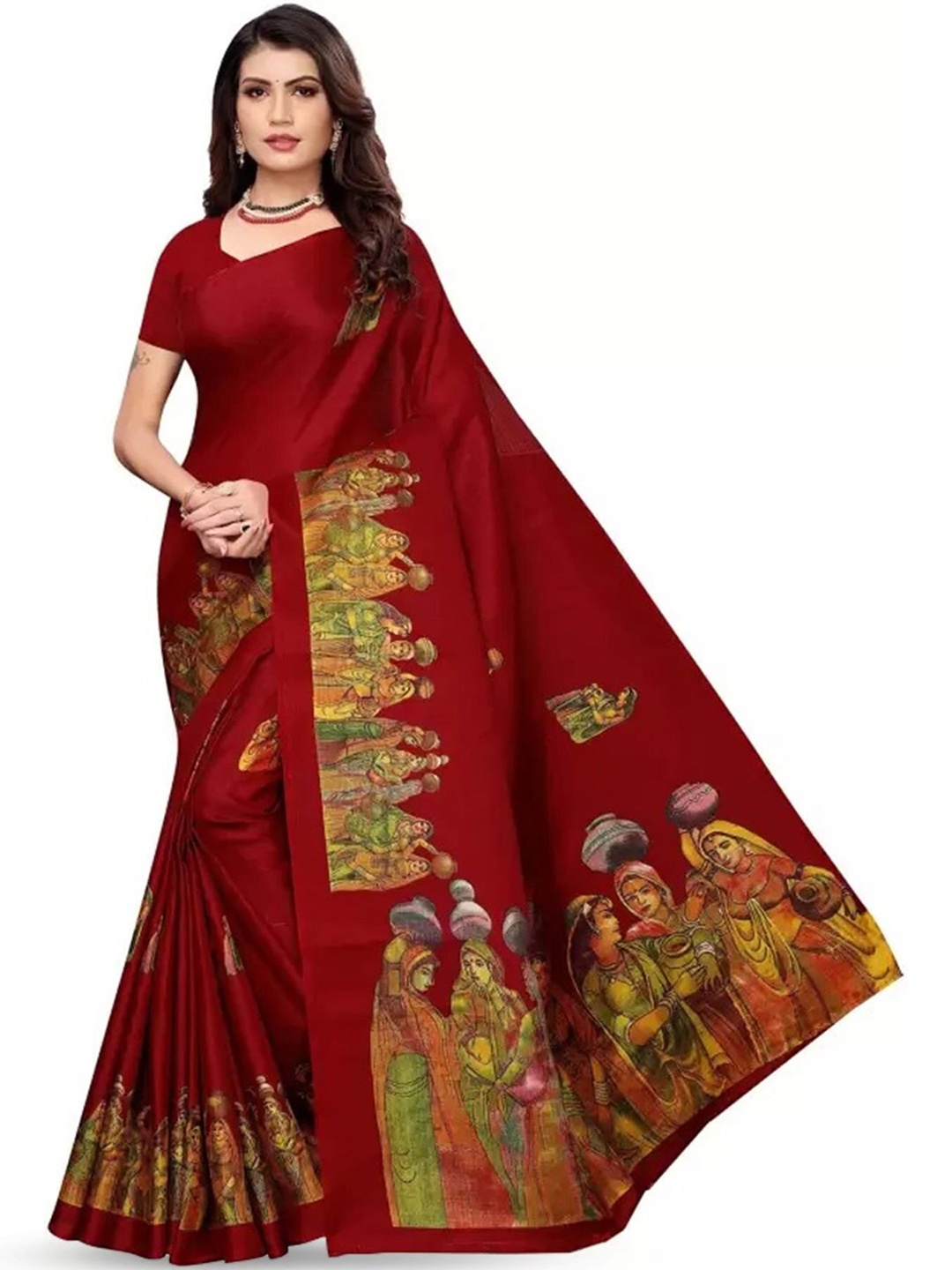 

Mitera Maroon & Green Ethnic Motifs Printed Saree