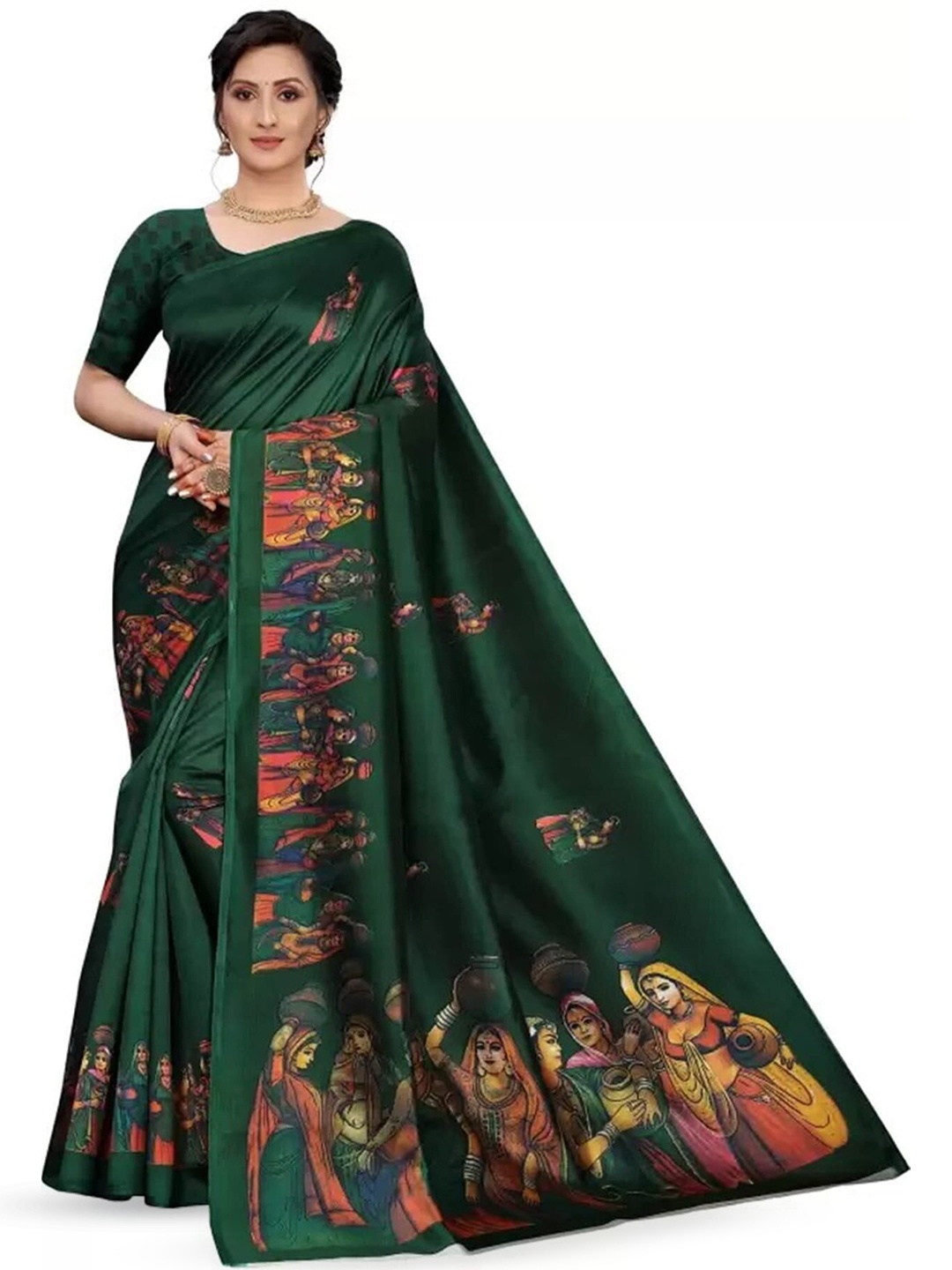 

Mitera Green & Pink Ethnic Motifs Printed Saree