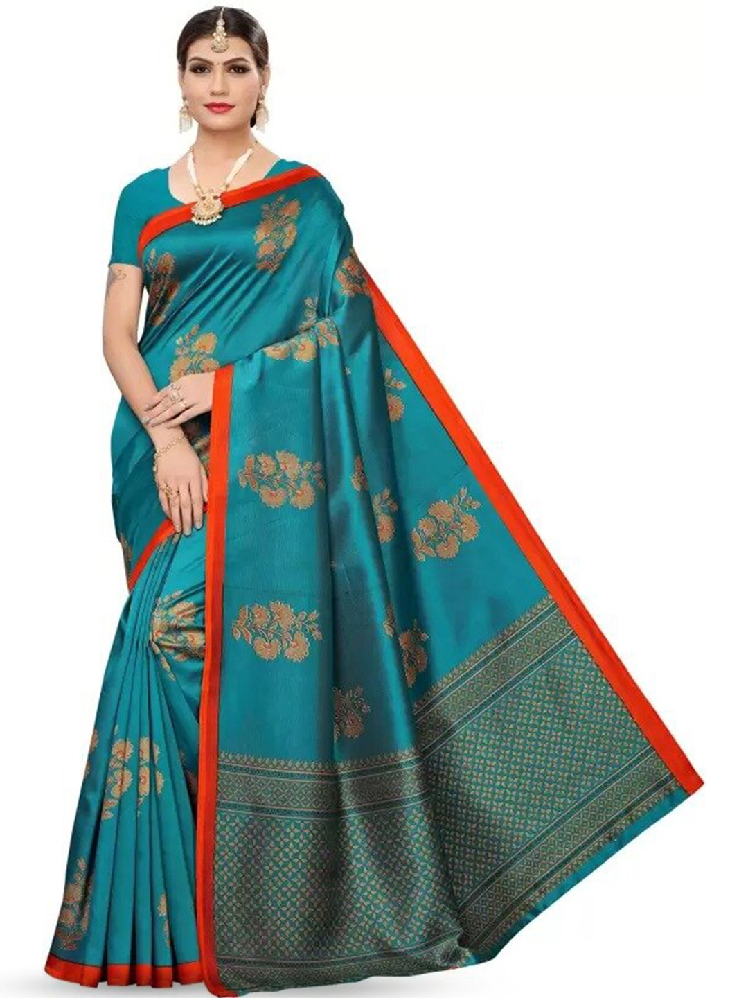 

Mitera Blue & Red Ethnic Motifs Printed Saree, Teal