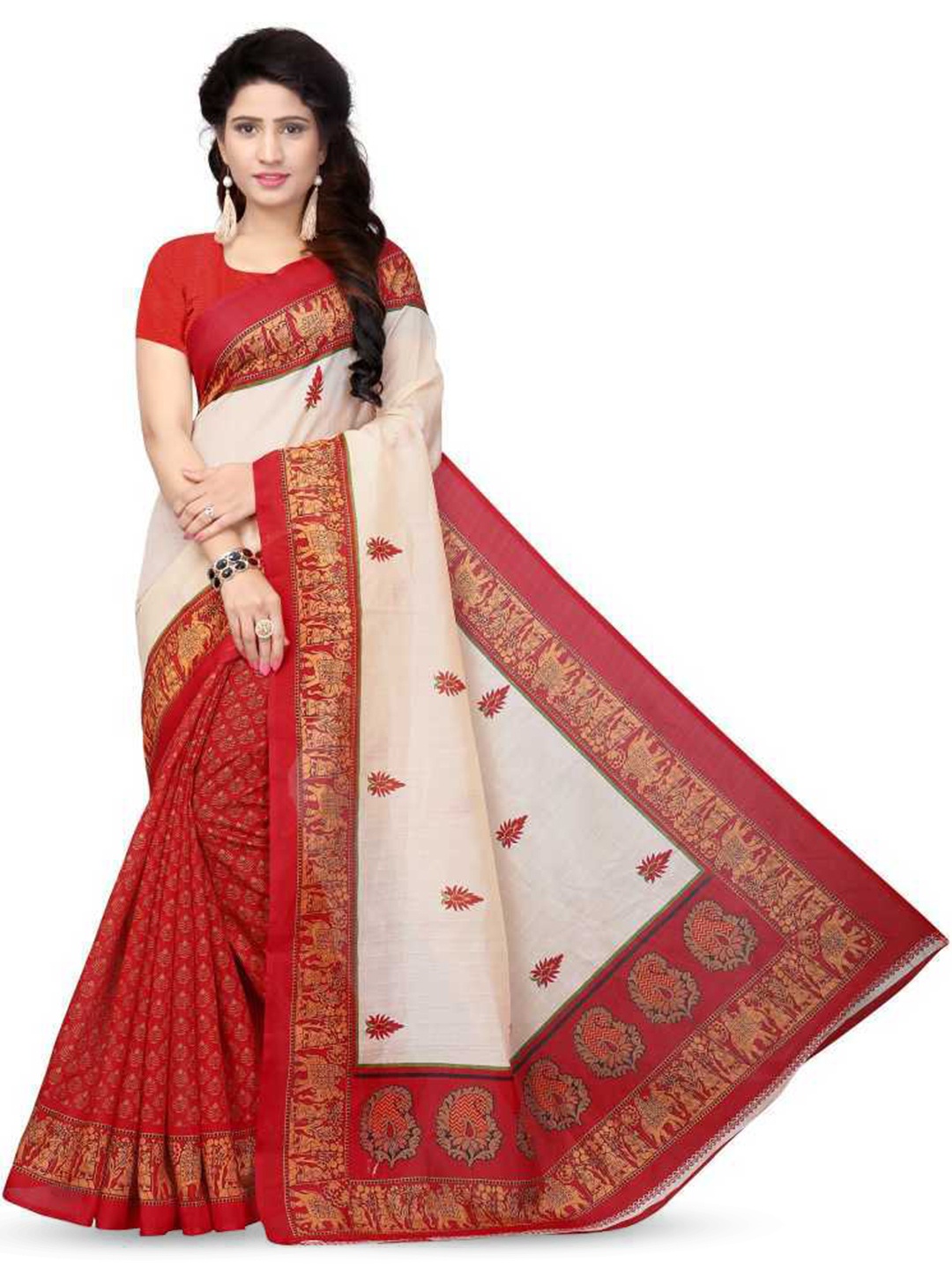 

Mitera Cream Coloured Ethnic Motifs Printed Saree